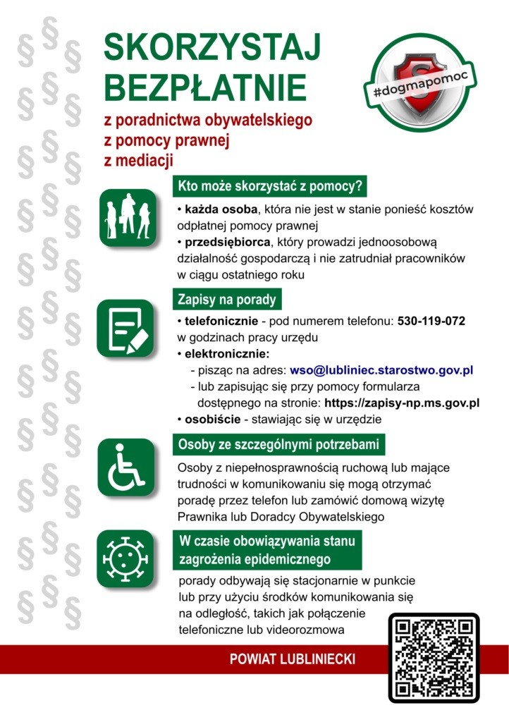 Nieodpłatna pomoc prawna, nieodpłatne poradnictwo obywatelskie i nieodpłatna mediacja  w Powiecie Lublinieckim