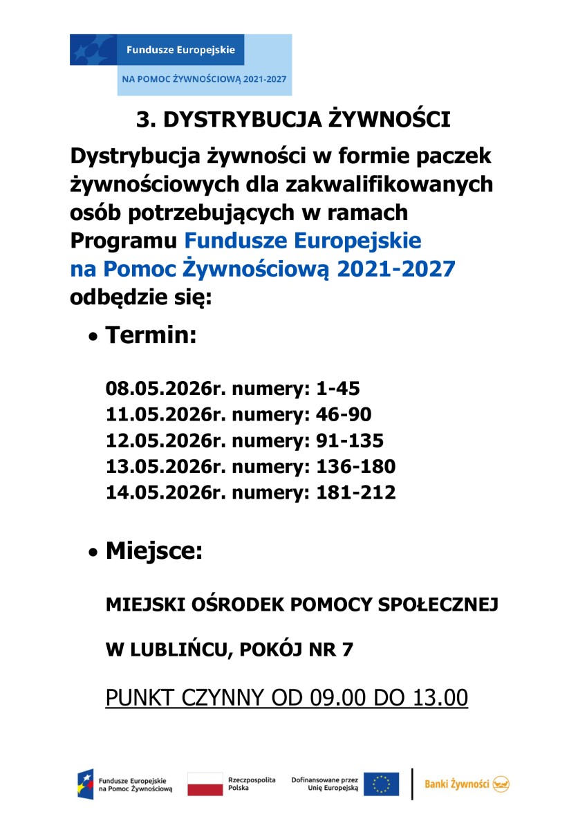 3. Dystrybucja żywności w formie paczek żywnościowych w miesiącu maju dla zakwalifikowanych osób potrzebujących w ramach Programu Fundusze Europejskie