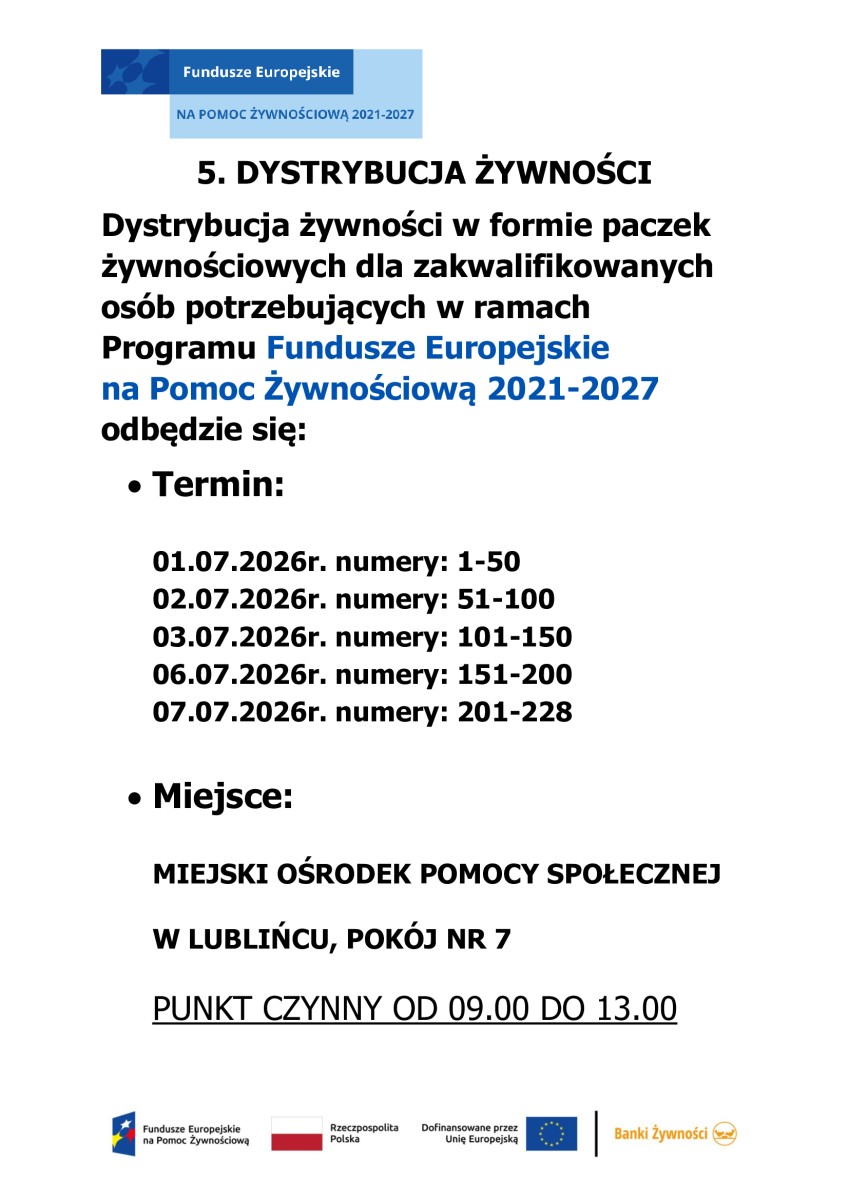 5. Dystrybucja żywności w formie paczek żywnościowych w miesiącu lipcu dla zakwalifikowanych osób potrzebujących w ramach Programu Fundusze Europejskie