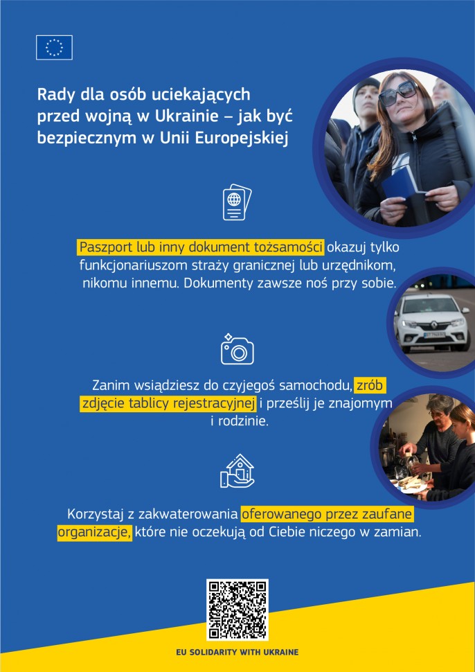 Jak być bezpiecznym w Unii Europejskiej – rady dla osób uciekających przed wojną w Ukrainie opracowane w formie materiałów informacyjnych przez EUAA – Europejski Urząd Wsparcia w dziedzinie Azylu