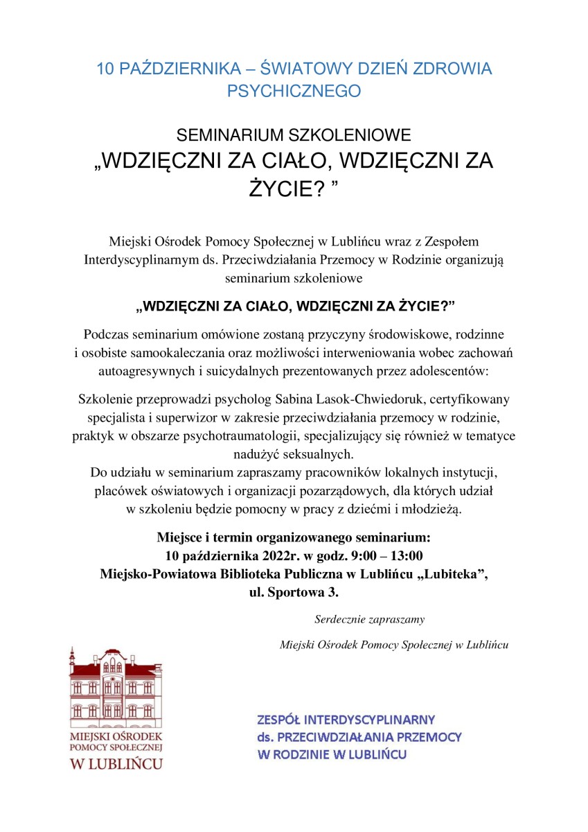 SEMINARIUM SZKOLENIOWE „WDZIĘCZNI ZA CIAŁO, WDZIĘCZNI ZA ŻYCIE? ”