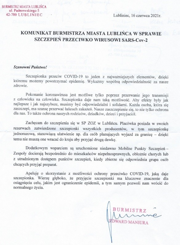 Komunikat Burmistrza Miasta Lublińca