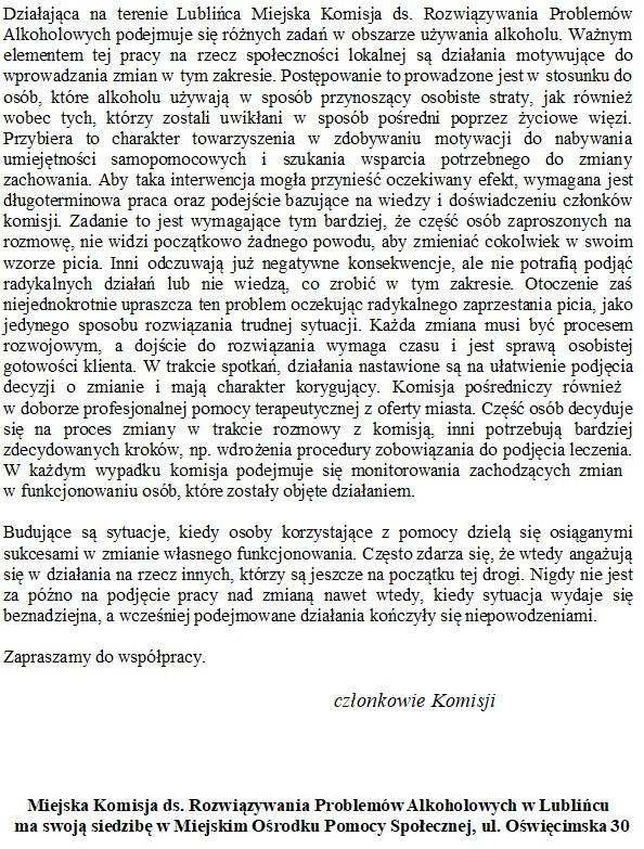 Członkowie Miejskiej Komisji ds. Rozwiązywania Problemów Alkoholowych zapraszają do współpracy