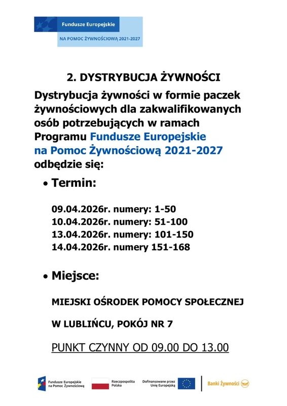 2. Dystrybucja żywności w formie paczek żywnościowych w miesiącu kwietniu dla zakwalifikowanych osób potrzebujących w ramach Programu Fundusze Europejskie